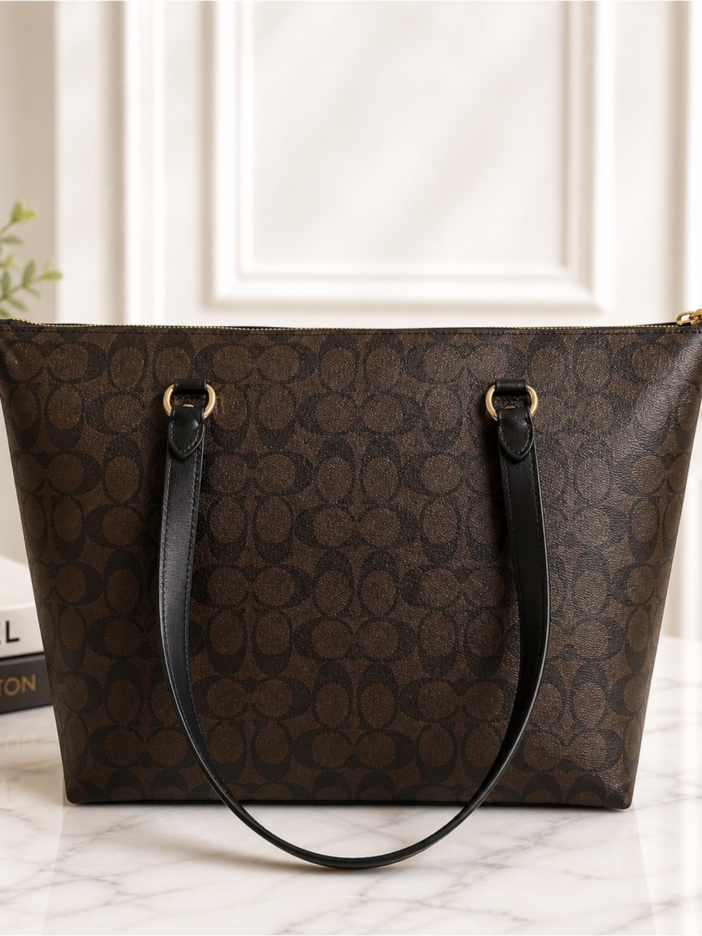 Coach bag Signature Zip Top Tote Brown Black with COA - Picture 3 of 7